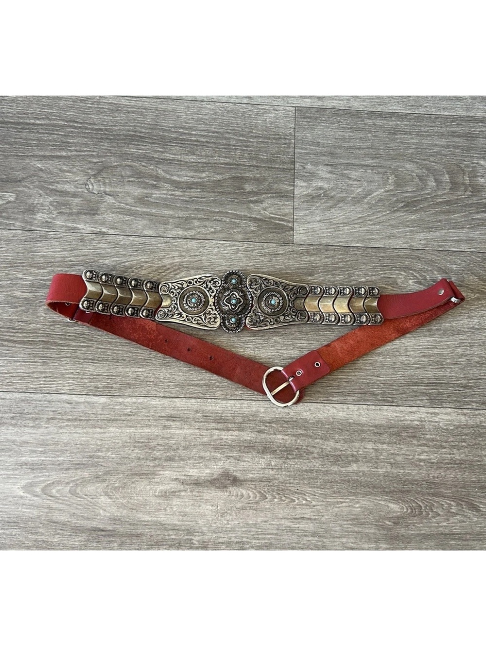 Vintage Red Leather Concho Belt Turquoise Silver Tone Western Boho 36.5” S/M - Picture 13 of 16